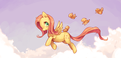 Size: 4000x1930 | Tagged: safe, artist:mewitti, artist:mewkitty, fluttershy, bird, pegasus, pony, g4, cloud, female, flying, looking back, mare, smiling