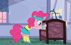 Size: 623x400 | Tagged: safe, screencap, pinkie pie, a friend in deed, g4, season 2, animated, bipedal, bipedal leaning, crib, cropped, female, headband, jumping, leaning, leg warmers, loop, raspberry, sweat, tongue out, workout outfit, wristband