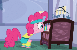 Size: 615x400 | Tagged: safe, screencap, pinkie pie, earth pony, pony, baby cakes, g4, animated, female, headband, leg warmers, sweat, workout, workout outfit, wristband