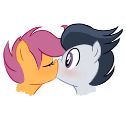Size: 1024x1024 | Tagged: source needed, safe, artist:sunibee, rumble, scootaloo, pony, g4, blushing, boop, bust, cute, duo, eyes closed, female, kiss on the lips, kissing, love, male, nose wrinkle, noseboop, portrait, profile, ship:rumbloo, shipping, simple background, straight, surprise kiss, surprised, white background, wide eyes