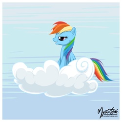 Size: 858x858 | Tagged: safe, artist:mysticalpha, rainbow dash, g4, cloud, on a cloud, side view, sitting, sitting on a cloud, solo