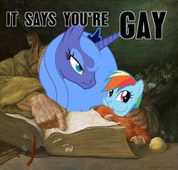 Size: 640x612 | Tagged: safe, edit, princess luna, rainbow dash, g4, book, classic art, gay, hand, image macro, it says you're gay, male, meme, pointing, s1 luna