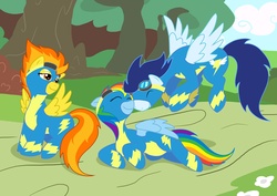 Size: 4961x3508 | Tagged: safe, artist:teengirl, rainbow dash, soarin', spitfire, pegasus, pony, g4, female, male, nuzzling, preggo dash, pregnant, ship:soarindash, shipping, straight, trio, wonderbolts uniform