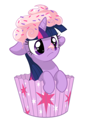 Size: 550x734 | Tagged: safe, artist:miikanism, twilight sparkle, pony, unicorn, g4, :<, confused, cross-eyed, cupcake, cute, cutie mark, female, floppy ears, food, frosting, frown, hnnng, leaning, mare, micro, ponies in food, simple background, solo, tiny ponies, transparent background, twiabetes, twilight sprinkle, vector