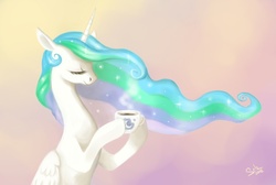 Size: 975x657 | Tagged: safe, artist:scheadar, princess celestia, pony, g4, coffee, female, solo