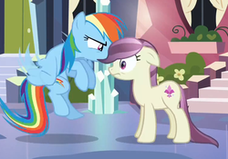 Size: 757x529 | Tagged: safe, screencap, fleur de verre, rainbow dash, crystal pony, pony, g4, my little pony: friendship is magic, season 3, the crystal empire, out of context