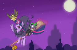 Size: 1800x1174 | Tagged: dead source, safe, artist:imp-oster, owlowiscious, spike, twilight sparkle, g4, broom, cape, catsuit, clothes, flying, flying broomstick, full moon, hat, jack-o-lantern, kiki's delivery service, levitation, magic, moon, night, night sky, nightmare night, open mouth, pumpkin, scared, silly face, smiling, stars, studio ghibli, telekinesis, tree, witch, witch hat