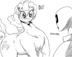 Size: 900x720 | Tagged: safe, artist:sunibee, pinkie pie, oc, oc:anon, earth pony, horse, human, pony, g4, dock, grayscale, monochrome, open mouth, smiling, wat