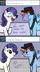 Size: 900x1611 | Tagged: safe, artist:waywardtrail, artist:zestyoranges, rainbow dash, rarity, ask ecstatic rarity, ask the tf2 ponies, g4, ask, gif, non-animated gif, scout (tf2), team fortress 2, tumblr