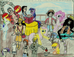 Size: 900x691 | Tagged: safe, applejack, fluttershy, pinkie pie, rainbow dash, rarity, twilight sparkle, g4, brook, crossover, franky, monkey d. luffy, nami, nico robin, one piece, tony tony chopper, usopp, vinsmoke sanji