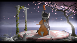 Size: 1920x1080 | Tagged: safe, artist:gign-3208, octavia melody, earth pony, pony, g4, bipedal, bow (instrument), cello, cherry blossoms, crying, eyes closed, female, musical instrument, open mouth, ruins, scenery, solo, wallpaper