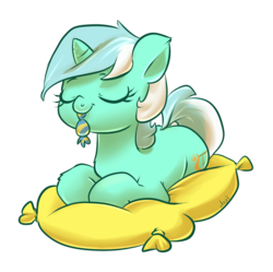 Size: 1106x1100 | Tagged: safe, artist:atryl, lyra heartstrings, pony, unicorn, g4, candy, cute, eyes closed, female, food, implied bon bon, lyrabetes, mouth hold, pillow, prone, simple background, solo, transparent background