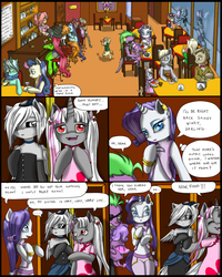 Size: 1199x1498 | Tagged: safe, artist:tt-n, bon bon, derpy hooves, doctor whooves, lyra heartstrings, rarity, spike, sweetie drops, time turner, oc, oc:eir, dracony, hybrid, vampire, semi-anthro, g4, bipedal, comic, family, female, interspecies offspring, male, offspring, parent:rarity, parent:spike, parents:sparity, restaurant, ship:sparity, shipping, straight, table, the blood era