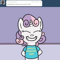 Size: 900x905 | Tagged: safe, artist:waywardtrail, artist:zestyoranges, sweetie belle, ask ecstatic rarity, g4, ask, blatant lies, penny tee, tumblr