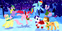 Size: 3840x1920 | Tagged: safe, artist:bluebirdrae288, applejack, fluttershy, pinkie pie, rainbow dash, rarity, spike, twilight sparkle, g4, mane seven, snow, snowfall, winter