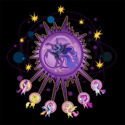 Size: 540x539 | Tagged: safe, artist:chesheyre, applejack, fluttershy, nightmare moon, pinkie pie, rainbow dash, rarity, twilight sparkle, g4, stained glass