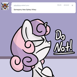 Size: 1280x1280 | Tagged: safe, artist:waywardtrail, artist:zestyoranges, sweetie belle, ask ecstatic rarity, g4, ask, tsundere, tsundere belle, tumblr