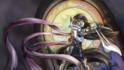 Size: 1920x1080 | Tagged: safe, artist:zedrin, octavia melody, earth pony, pony, g4, armor, bipedal, crossover, female, fiora laurent, league of legends, solo, sword, weapon