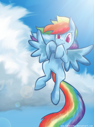 Size: 632x851 | Tagged: safe, artist:ketsuzoku, rainbow dash, pony, g4, cloud, female, flying, long tail, looking at you, sky, smiling, solo, spread wings, wings