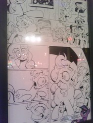 Size: 1536x2048 | Tagged: safe, idw, official comic, applejack, fluttershy, pinkie pie, rainbow dash, rarity, spike, twilight sparkle, earth pony, pony, unicorn, g4, official, comic, female, grin, lineart, mane six, mare, monochrome, my little pony project, photo, preview