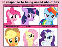 Size: 680x524 | Tagged: safe, applejack, fluttershy, pinkie pie, rainbow dash, rarity, twilight sparkle, g4, 6 pony meme, bend over, exploitable meme, meme