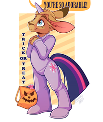 Size: 674x800 | Tagged: safe, artist:minettefraise, twilight sparkle, kangaroo, g4, abstract background, bag, candy, costume, cute, fake horn, female, floppy ears, food, footed sleeper, furry, fursuit, halloween, head tilt, joey, looking up, smiling, solo, speech bubble, text