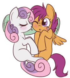 Size: 367x410 | Tagged: safe, artist:lulubell, scootaloo, sweetie belle, pony, g4, bandaid, blushing, cheek kiss, cute, female, kissing, lesbian, one eye closed, ship:scootabelle, shipping, simple background, transparent background