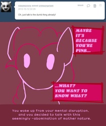 Size: 700x839 | Tagged: safe, pinkie pie, g4, ask, bust, crimson prism, dialogue, english, lineart, portrait, red background, simple background, text, tumblr