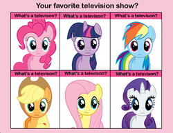 Size: 680x524 | Tagged: safe, applejack, fluttershy, pinkie pie, rainbow dash, rarity, twilight sparkle, g4, 6 pony meme, exploitable meme, meme, reality ensues, same, television