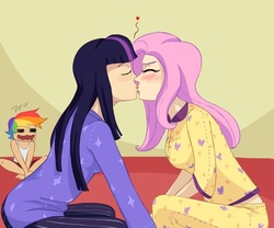 Size: 677x564 | Tagged: safe, artist:7nights, fluttershy, rainbow dash, twilight sparkle, human, g4, clothes, female, humanized, kiss on the lips, kissing, lesbian, ship:twishy, shipping, spin the bottle