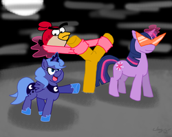 Size: 2000x1600 | Tagged: safe, artist:captain-marvelous, princess luna, twilight sparkle, alicorn, bird, cardinal, pony, unicorn, g4, angry birds, crossover, cute, frown, kamina sunglasses, levitation, magic, open mouth, pointing, raised eyebrow, red bird, slingshot, smiling, smirk, telekinesis, woona