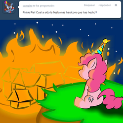 Size: 950x953 | Tagged: safe, artist:benja, pinkie pie, earth pony, pony, ask ask-the-ponies, g4, female, fire, palindrome get, solo, spanish, tumblr