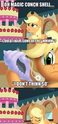 Size: 448x946 | Tagged: safe, artist:cubonator, edit, edited screencap, screencap, applejack, g4, mmmystery on the friendship express, season 2, all hail the magic conch, cake, club spongebob, food, magic conch, marzipan mascarpone meringue madness, parody, spongebob squarepants