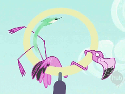 Size: 800x600 | Tagged: safe, screencap, flamingo, hummingbird, g4, may the best pet win, season 2, animated, cropped, gif, hub logo, loop, you spin me right round