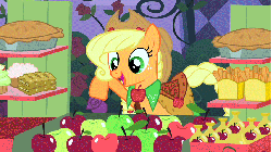 Size: 853x480 | Tagged: safe, screencap, applejack, g4, the best night ever, animated, apple, apple fries, apple fritter (food), apple pie, clothes, cupcake, dress, female, food, gala dress, grand galloping gala, pie
