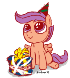 Size: 453x502 | Tagged: safe, artist:aa, scootaloo, pegasus, pony, g4, birthday, cute, cutie mark crusaders, filly, present, simple background, solo, transparent background