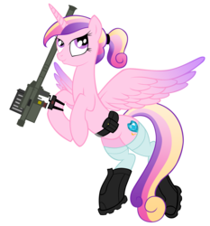 Size: 2772x2972 | Tagged: safe, artist:shadawg, princess cadance, alicorn, pony, g4, belt, boots, clothes, female, fim-92 stinger, high res, hoof boots, military wife, missile launcher, ponytail, pouch, simple background, smiling, socks, stinger, stinger (weapon), transparent background, vector