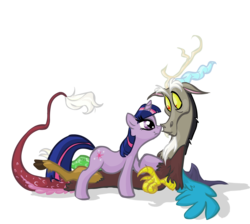 Size: 1560x1399 | Tagged: safe, artist:precosiouschild, discord, twilight sparkle, draconequus, pony, unicorn, g4, female, interspecies, male, mare, ship:discolight, shipping, simple background, straight, transparent background, unicorn twilight