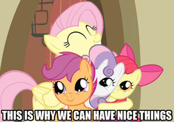 Size: 500x350 | Tagged: safe, apple bloom, fluttershy, scootaloo, sweetie belle, g4, cutie mark crusaders, hug, image macro, smiling