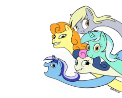 Size: 1000x800 | Tagged: dead source, safe, artist:conchelor, bon bon, carrot top, derpy hooves, golden harvest, lyra heartstrings, minuette, sweetie drops, earth pony, pegasus, pony, unicorn, g4, female, long neck, longbon, mare, simple background, transparent background, wat