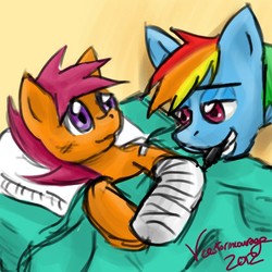 Size: 600x600 | Tagged: safe, artist:veestormcourage, rainbow dash, scootaloo, pegasus, pony, g4, bed, cast, duo, duo female, female, hospital, mouth hold, scootalove, sharpie