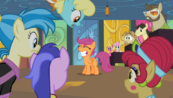 Size: 800x450 | Tagged: safe, screencap, allie way, big wig, cherry berry, colter sobchak, jeff letrotski, sassaflash, scootaloo, sea swirl, seafoam, theodore donald "donny" kerabatsos, twinkleshine, g4, my little pony: friendship is magic, season 2, the cutie pox, donny, grin