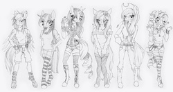 Size: 2947x1574 | Tagged: safe, artist:volcanico, applejack, fluttershy, pinkie pie, rainbow dash, rarity, twilight sparkle, anthro, g4, belly button, clothes, corset, grayscale, hand on hip, mane six, midriff, monochrome, peace symbol, skinny, socks, sweater, sweatershy, thigh highs, thin, traditional art