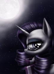 Size: 983x1360 | Tagged: safe, artist:volcanico, rarity, pony, g4, clothes, moon, night, scarf, solo