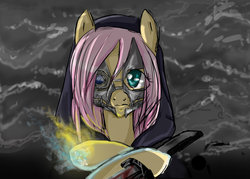 Size: 900x643 | Tagged: safe, artist:cannotbeunseen, fluttershy, g4, corvo attano, crossover, dishonored