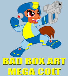 Size: 576x648 | Tagged: safe, artist:death-driver-5000, earth pony, pony, bad box art mega man, bodysuit, boots, clothes, cosplay, costume, five o'clock shadow, helmet, laser pistol, male, mega man (series), ponified, shoes, solo, street fighter x tekken