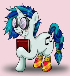 Size: 503x548 | Tagged: safe, artist:susiebeeca, dj pon-3, vinyl scratch, pony, g4, acne, braces, braid, checkered socks, clothes, female, glasses, messy mane, nerd, socks, solo