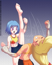 Size: 1080x1341 | Tagged: safe, artist:agu-fungus, applejack, oc, human, g4, abs, barefoot, blonde hair, blue hair, boxing shorts, bra, clothes, crop top bra, denim shorts, duo, duo female, eyes closed, feet, female, fight, freckles, hatless, humanized, kickboxing, kicking, martial arts, midriff, missing accessory, muay thai, muscles, muscular female, non-pony oc, open mouth, purple eyes, raised leg, shiny skin, short hair, shorts, soles, sports bra, sports shorts, toes, tomboy, underwear