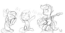 Size: 1500x760 | Tagged: safe, artist:flutterv, apple bloom, scootaloo, sweetie belle, pony, g4, amplifier, apple bloom's bow, bass guitar, blank flank, bow, cutie mark crusaders, eyes closed, female, filly, foal, grayscale, hair bow, harmonica, hoof hold, monochrome, music notes, musical instrument, open mouth, raised hoof, scootabass, simple background, singing, sitting, sketch, smiling, white background