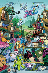 Size: 600x911 | Tagged: safe, artist:andypriceart, idw, official comic, ace point, acoustic blues, angel bunny, anger drop, belle star, bittersweet (g4), bulk biceps, carrot top, cherry chomper, cranky doodle donkey, derpy hooves, doctor whooves, electric blues, firefly, golden harvest, iron will, leadwing, magnum flanks, mayor mare, orange crush (g4), owlowiscious, philomena, rainbow dash, screwball, shut-eye, silver spoon, softheart, tangerine tuft, tank, time turner, verdant fields, watersprout waves, cat, changeling, donkey, earth pony, parasprite, pegasus, phoenix, pony, unicorn, g1, g4, the return of queen chrysalis, spoiler:comic01, alice price, andy price, blues brothers, censored vulgarity, changelings are terrible actors, cherry, comic, disguise, disguised changeling, drool, elwood j. blues, food, g1 to g4, generation leap, grawlixes, idw advertisement, jake blues, katie cook, ponified, ponyville, sleeping, sunglasses, thomas magnum, z